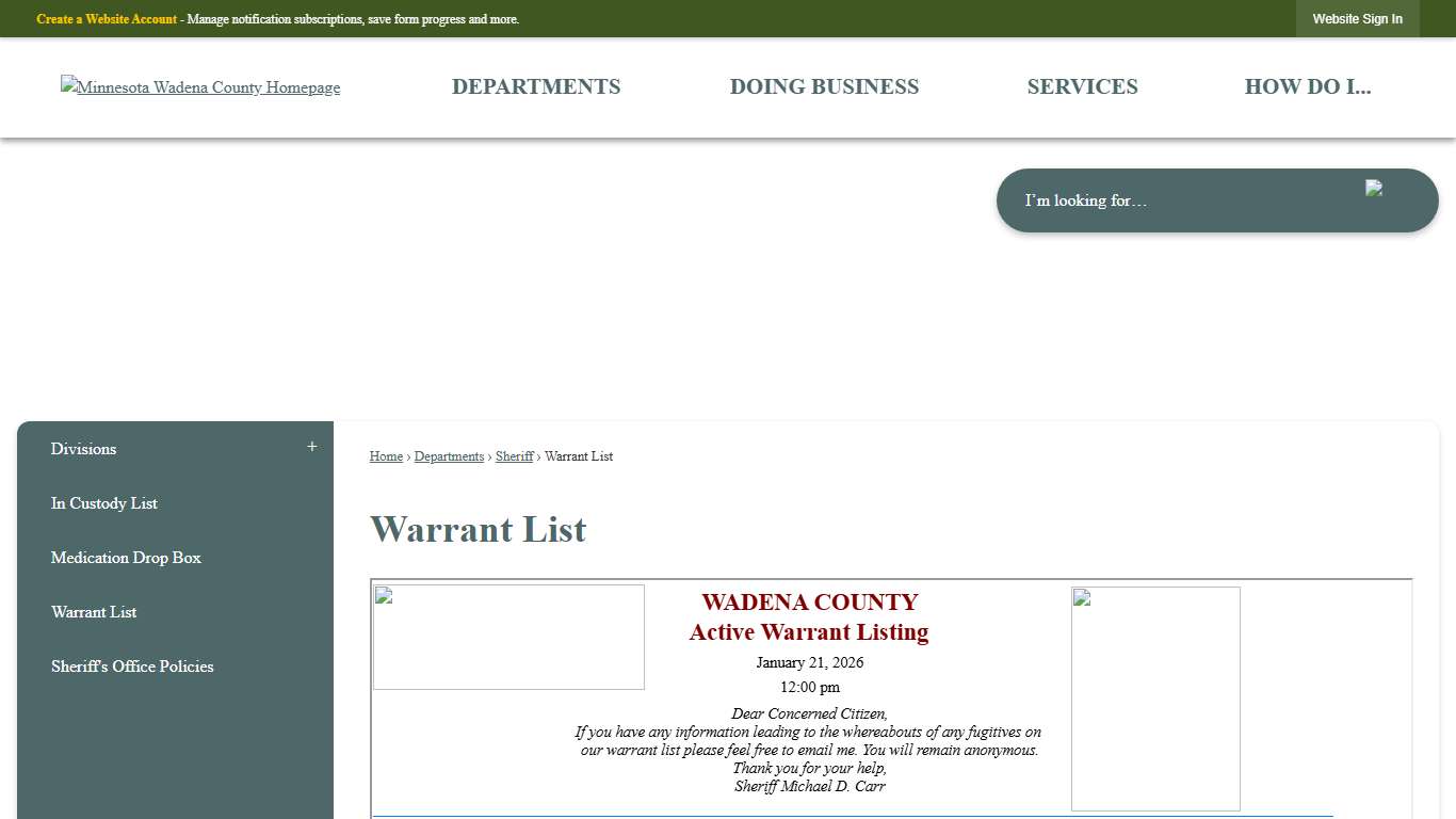 Warrant List | Wadena County, MN - Official Website